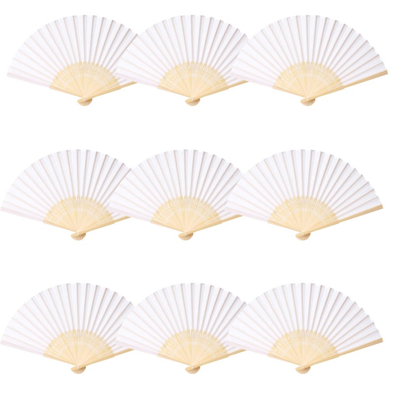 SL crafts 24pcs White Imitated Silk Hand Fan Imitated Silk Fabric Bamboo Handheld Folded Fan Bridal Dancing Props Church Wedding Party Favors with Organza Bags (White) - Image 5